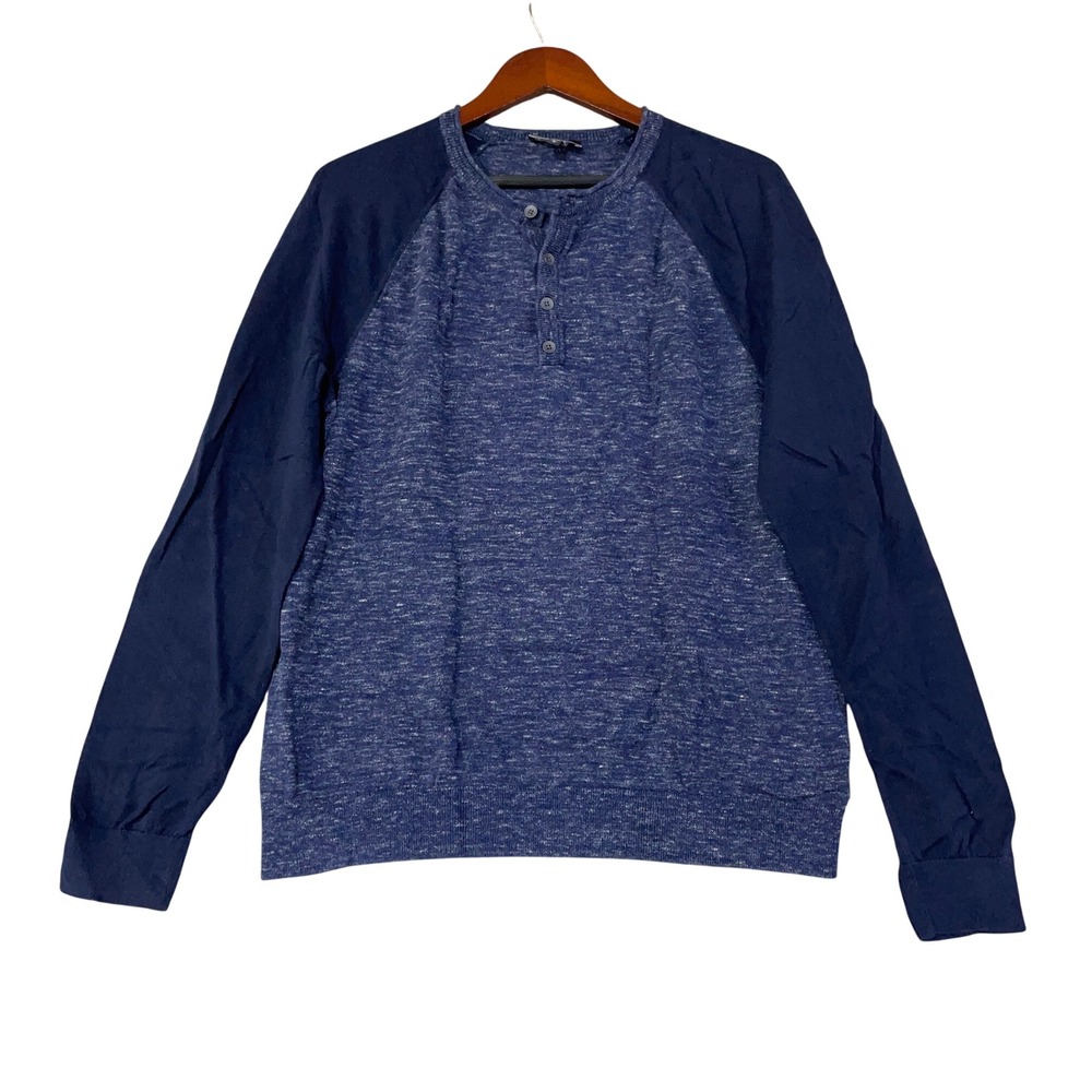 Express Henley Sweater Men's L Blue Cotton Raglan Marled Long Sleeve